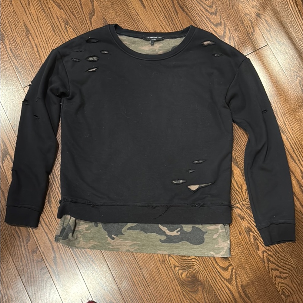 Generation Love Black Distressed Sweatshirt with Camo Layer